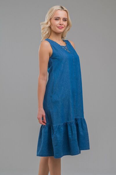 Cepli Kolsuz Pamuklu Dokuma Elbise indigo koyu mavi - S