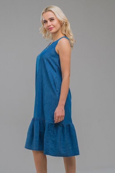 Cepli Kolsuz Pamuklu Dokuma Elbise indigo koyu mavi - S