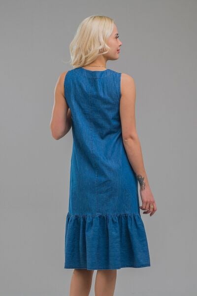 Cepli Kolsuz Pamuklu Dokuma Elbise indigo koyu mavi - S