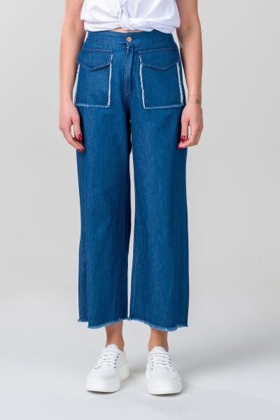 Kadın indigo Renk Kapaklı Cepli Pis Dikişli Bol Paça Beli Lastikli İnce Kot Pantolon M - indigo koyu mavi