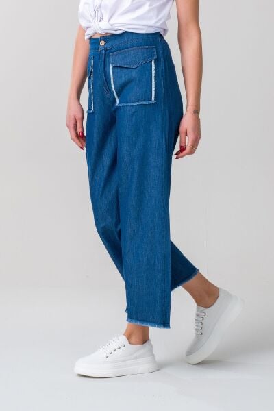 Kadın indigo Renk Kapaklı Cepli Pis Dikişli Bol Paça Beli Lastikli İnce Kot Pantolon M - indigo koyu mavi