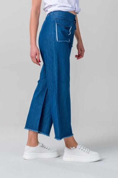 Kadın indigo Renk Kapaklı Cepli Pis Dikişli Bol Paça Beli Lastikli İnce Kot Pantolon M - indigo koyu mavi