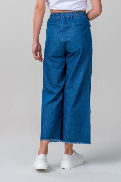 Kadın indigo Renk Kapaklı Cepli Pis Dikişli Bol Paça Beli Lastikli İnce Kot Pantolon M - indigo koyu mavi