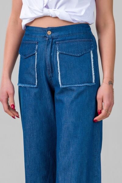 Kadın indigo Renk Kapaklı Cepli Pis Dikişli Bol Paça Beli Lastikli İnce Kot Pantolon M - indigo koyu mavi