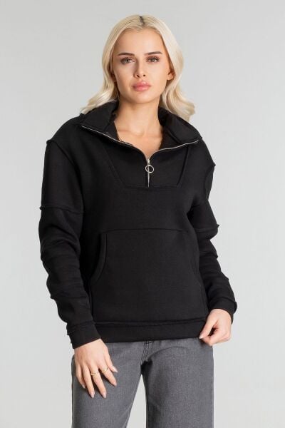 Kadın Pamuk İçi Şardonlu Pis Dikişli Kangru Cepli Yarım Pat Fermuarlı Sweatshirt Siyah - S