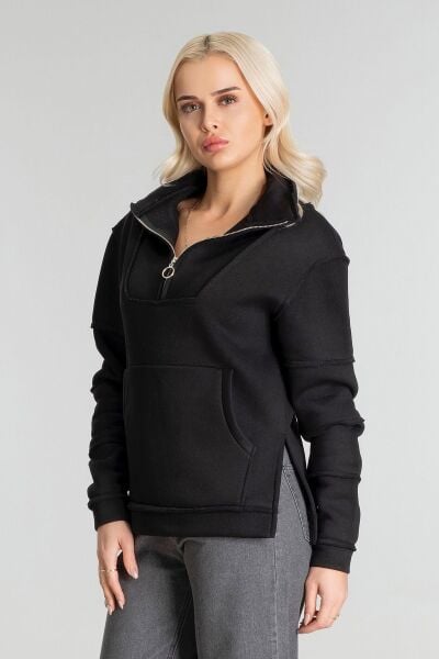 Kadın Pamuk İçi Şardonlu Pis Dikişli Kangru Cepli Yarım Pat Fermuarlı Sweatshirt Siyah - S