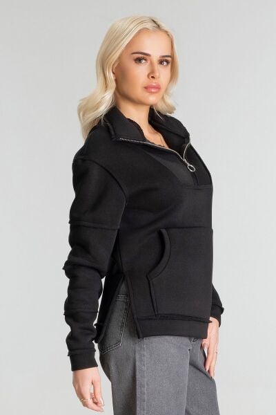 Kadın Pamuk İçi Şardonlu Pis Dikişli Kangru Cepli Yarım Pat Fermuarlı Sweatshirt Siyah - S