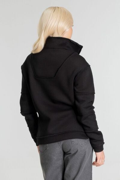 Kadın Pamuk İçi Şardonlu Pis Dikişli Kangru Cepli Yarım Pat Fermuarlı Sweatshirt Siyah - S