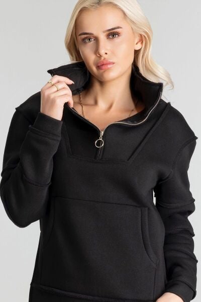 Kadın Pamuk İçi Şardonlu Pis Dikişli Kangru Cepli Yarım Pat Fermuarlı Sweatshirt Siyah - S