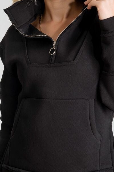 Kadın Pamuk İçi Şardonlu Pis Dikişli Kangru Cepli Yarım Pat Fermuarlı Sweatshirt Siyah - S