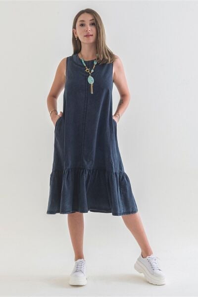 Cepli Kolsuz Pamuklu Dokuma Elbise ANTRASİT - S