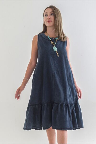 Cepli Kolsuz Pamuklu Dokuma Elbise ANTRASİT - S