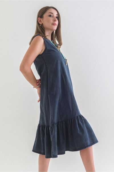 Cepli Kolsuz Pamuklu Dokuma Elbise ANTRASİT - S