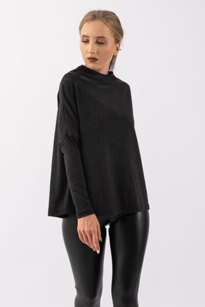 Kadın Antrsit Suni Deri Karışımlı Yaka Düğmeli Yün Viskon Tunik koyu antrasit - XL