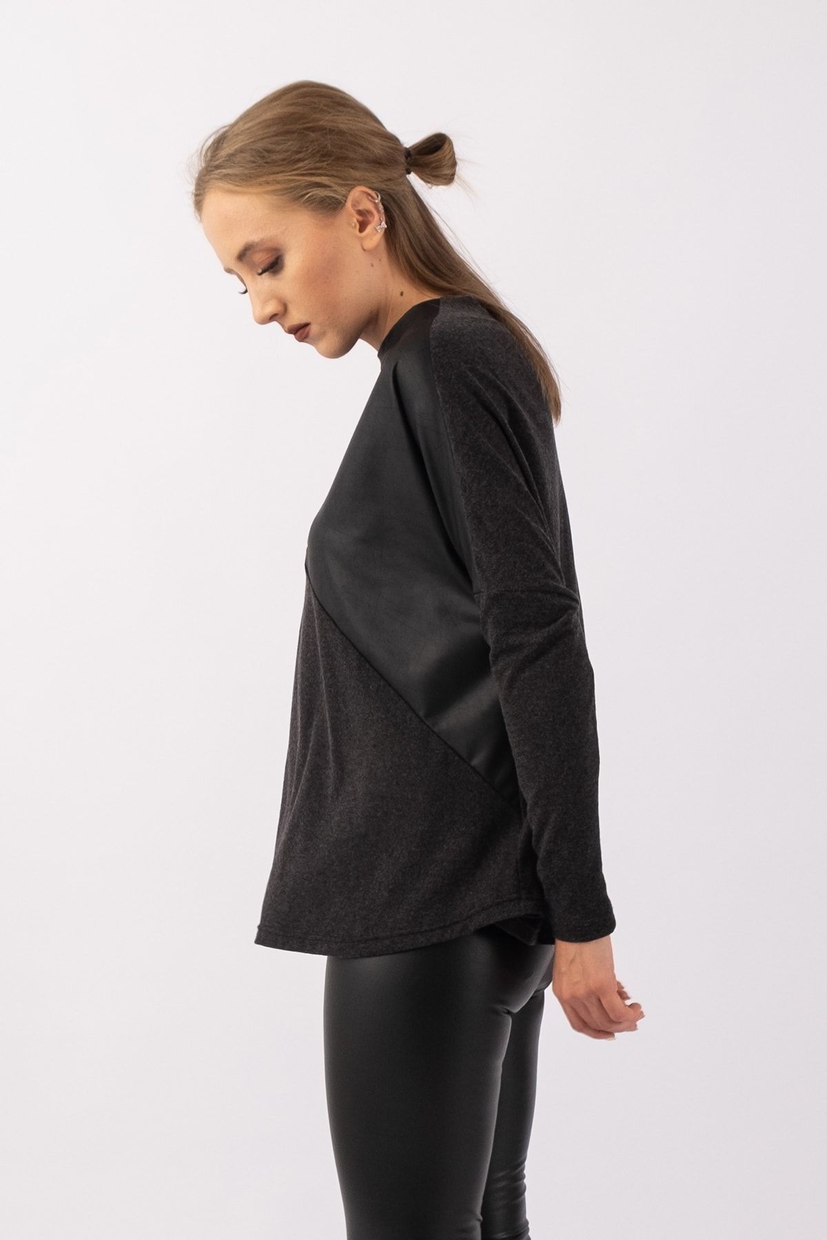 Kadın Antrsit Suni Deri Karışımlı Yaka Düğmeli Yün Viskon Tunik koyu antrasit - XL