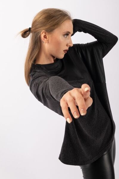 Kadın Antrsit Suni Deri Karışımlı Yaka Düğmeli Yün Viskon Tunik koyu antrasit - XL