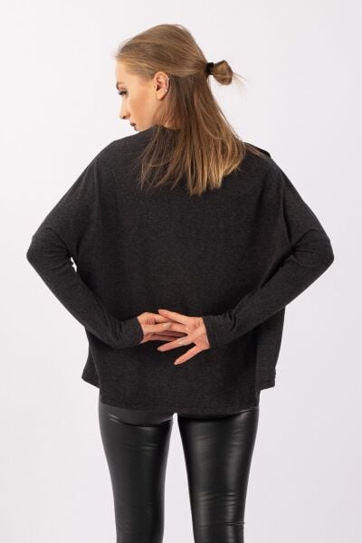 Kadın Antrsit Suni Deri Karışımlı Yaka Düğmeli Yün Viskon Tunik koyu antrasit - XL