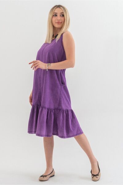 Cepli Kolsuz Pamuklu Dokuma Elbise Mor - XL