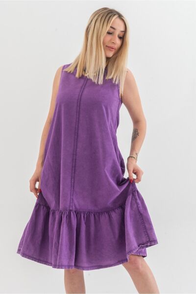 Cepli Kolsuz Pamuklu Dokuma Elbise Mor - XL