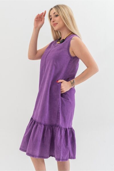 Cepli Kolsuz Pamuklu Dokuma Elbise Mor - XL