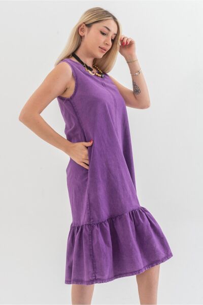 Cepli Kolsuz Pamuklu Dokuma Elbise Mor - XL