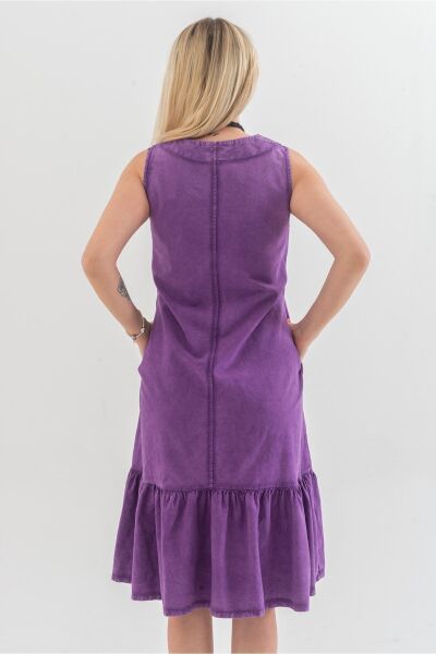 Cepli Kolsuz Pamuklu Dokuma Elbise Mor - XL