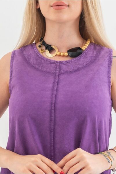 Cepli Kolsuz Pamuklu Dokuma Elbise Mor - XL