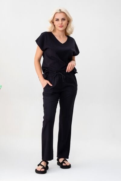 Bold & Young Kadın Çift Cepli Beli Lastikli Kordonlu Pantolon Siyah - XXL