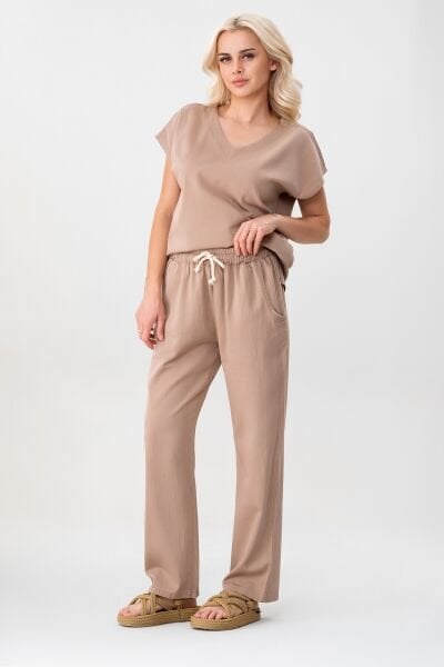 Bold & Young Kadın Çift Cepli Beli Lastikli Kordonlu Pantolon S - BEJ
