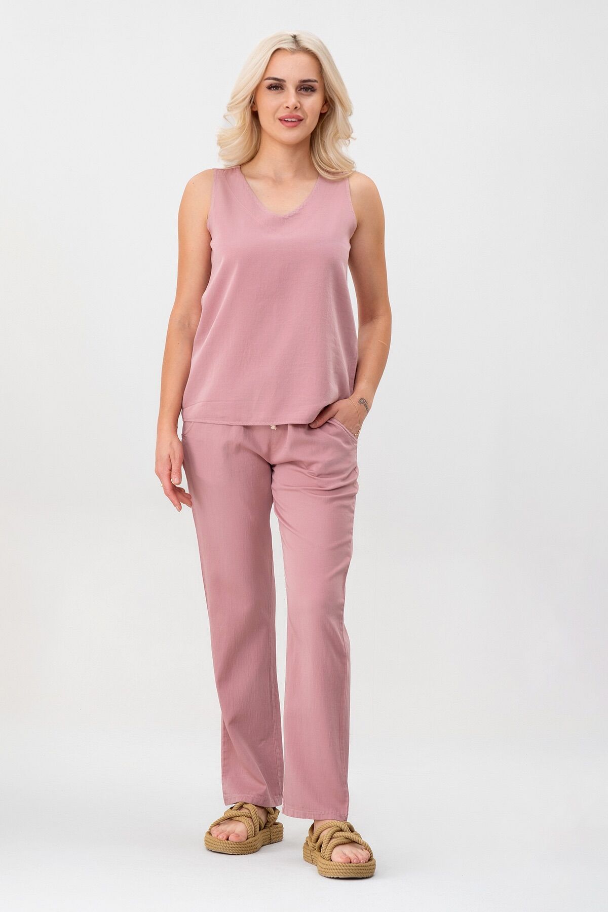 Bold & Young Kadın Çift Cepli Beli Lastikli Kordonlu Pantolon Pudra - XXL