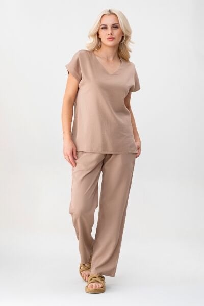 BOLD & YOUNG Kadın Günlük Düşük Kollu Pamuklu Tişört BEJ - XXL