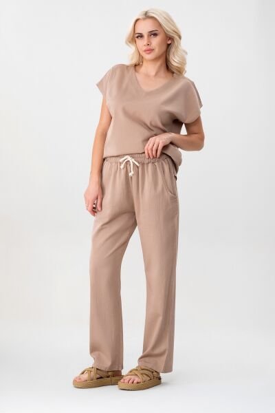 BOLD & YOUNG Kadın Günlük Düşük Kollu Pamuklu Tişört BEJ - XXL