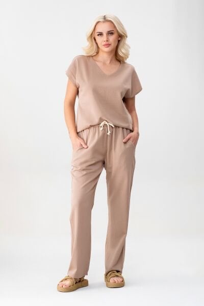 BOLD & YOUNG Kadın Günlük Düşük Kollu Pamuklu Tişört BEJ - XXL