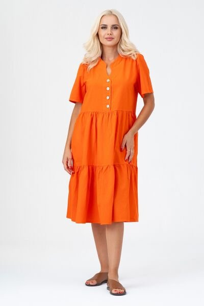 Bold & Young Kadın Cepli Kısa Kollu Yarım Pat Düğmeli Büzgülü Pamuklu Elbise Turuncu - XXL
