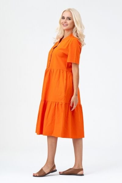 Bold & Young Kadın Cepli Kısa Kollu Yarım Pat Düğmeli Büzgülü Pamuklu Elbise Turuncu - XXL