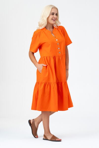 Bold & Young Kadın Cepli Kısa Kollu Yarım Pat Düğmeli Büzgülü Pamuklu Elbise Turuncu - XXL
