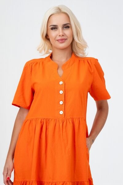 Bold & Young Kadın Cepli Kısa Kollu Yarım Pat Düğmeli Büzgülü Pamuklu Elbise Turuncu - XXL