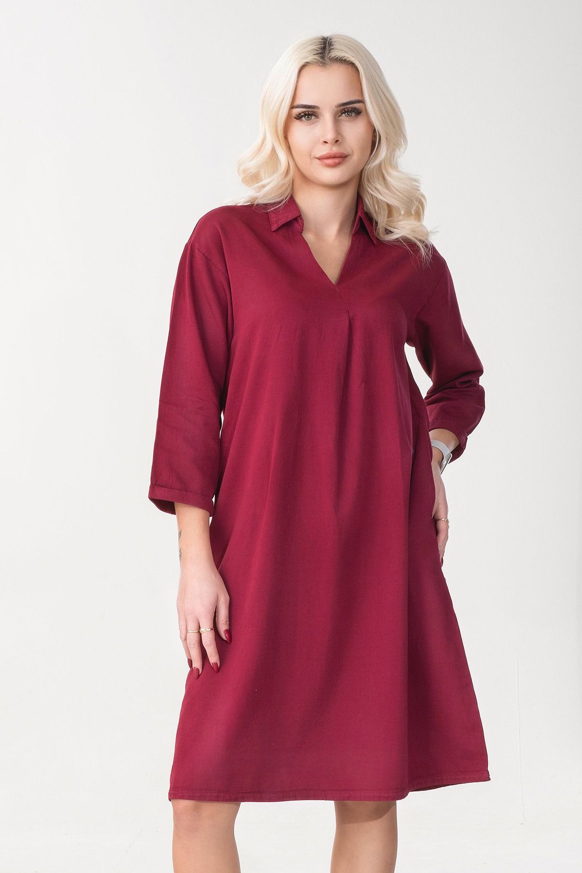 Kadın Siyah Renk Cepli Dik Yakalı Kuşaklı Cepli Pamuklu Gömlek Elbise Bordo - XS