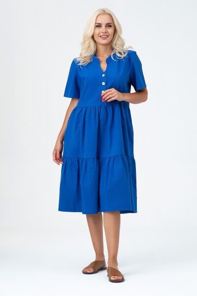Bold & Young Kadın Cepli Kısa Kollu Yarım Pat Düğmeli Büzgülü Pamuklu Elbise 3XL - Saks mavi