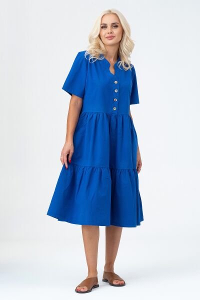 Bold & Young Kadın Cepli Kısa Kollu Yarım Pat Düğmeli Büzgülü Pamuklu Elbise 3XL - Saks mavi