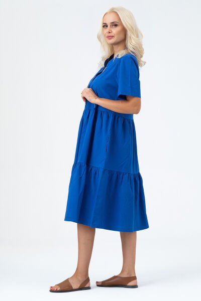 Bold & Young Kadın Cepli Kısa Kollu Yarım Pat Düğmeli Büzgülü Pamuklu Elbise 3XL - Saks mavi