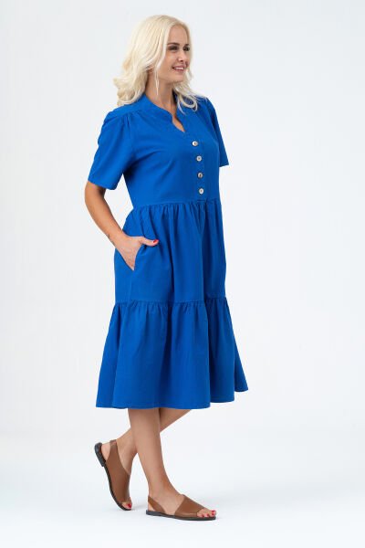 Bold & Young Kadın Cepli Kısa Kollu Yarım Pat Düğmeli Büzgülü Pamuklu Elbise 3XL - Saks mavi