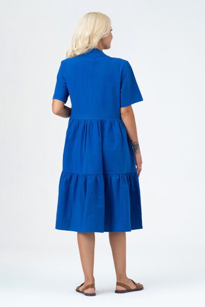 Bold & Young Kadın Cepli Kısa Kollu Yarım Pat Düğmeli Büzgülü Pamuklu Elbise 3XL - Saks mavi