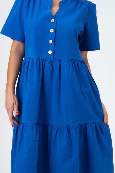 Bold & Young Kadın Cepli Kısa Kollu Yarım Pat Düğmeli Büzgülü Pamuklu Elbise 3XL - Saks mavi