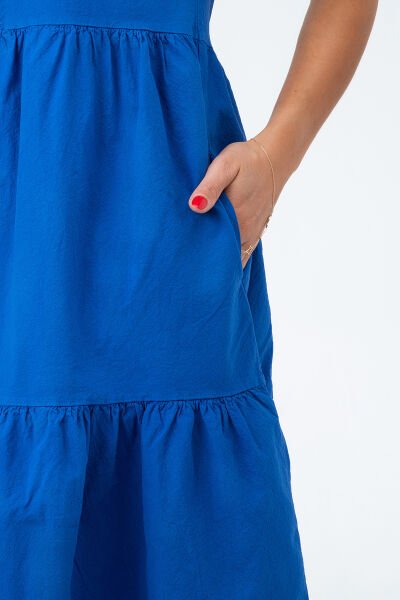 Bold & Young Kadın Cepli Kısa Kollu Yarım Pat Düğmeli Büzgülü Pamuklu Elbise 3XL - Saks mavi