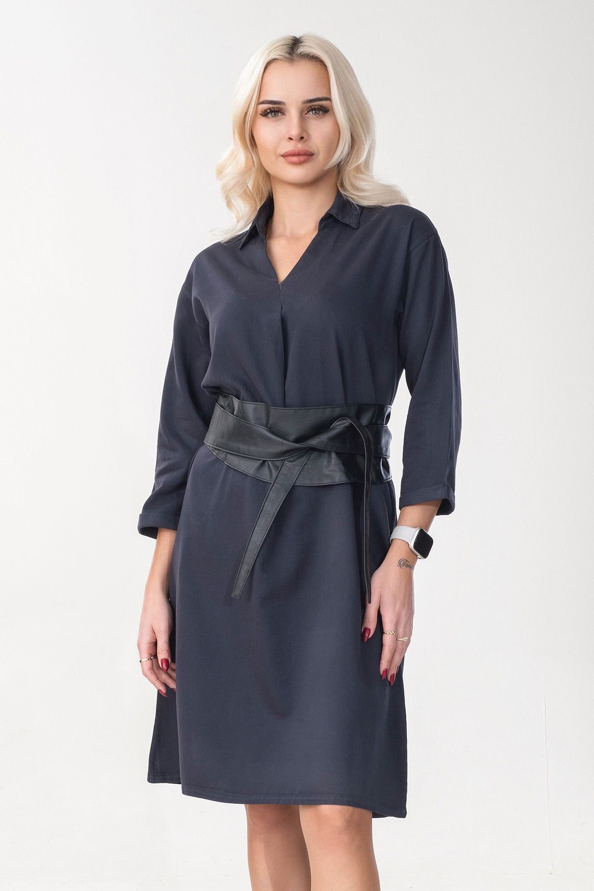 Kadın Siyah Renk Cepli Dik Yakalı Kuşaklı Cepli Pamuklu Gömlek Elbise ANTRASİT - L