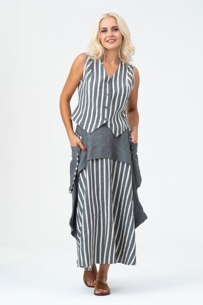 Kadın Bleach Yıkama  Lyocell İnce Denim Kumaş Kot Yelek XL - Gri Ekru1