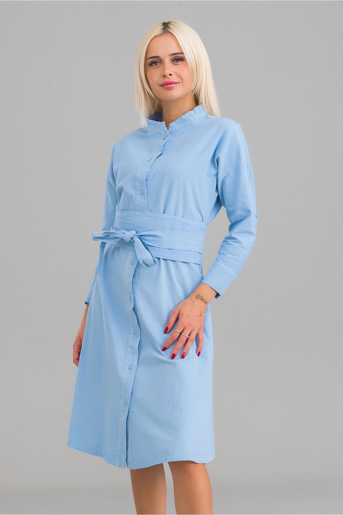 Kadın Siyah Renk Cepli Dik Yakalı Kuşaklı Cepli Pamuklu Gömlek Elbise Mavi - S