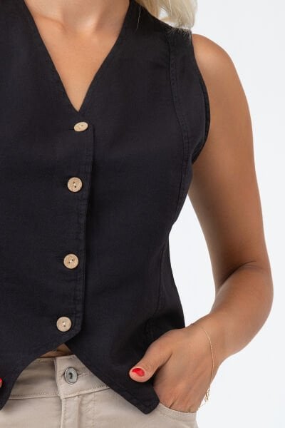 Kadın Bleach Yıkama  Lyocell İnce Denim Kumaş Kot Yelek XL - Siyah