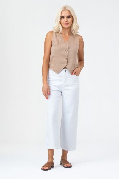 Kadın Bleach Yıkama  Lyocell İnce Denim Kumaş Kot Yelek XL - BEJ